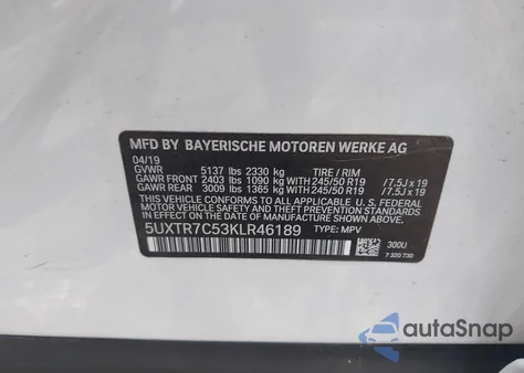 2019 BMW X3 Sdrive30I из США, поврежденный, VIN 5UXTR7C53KLR46189